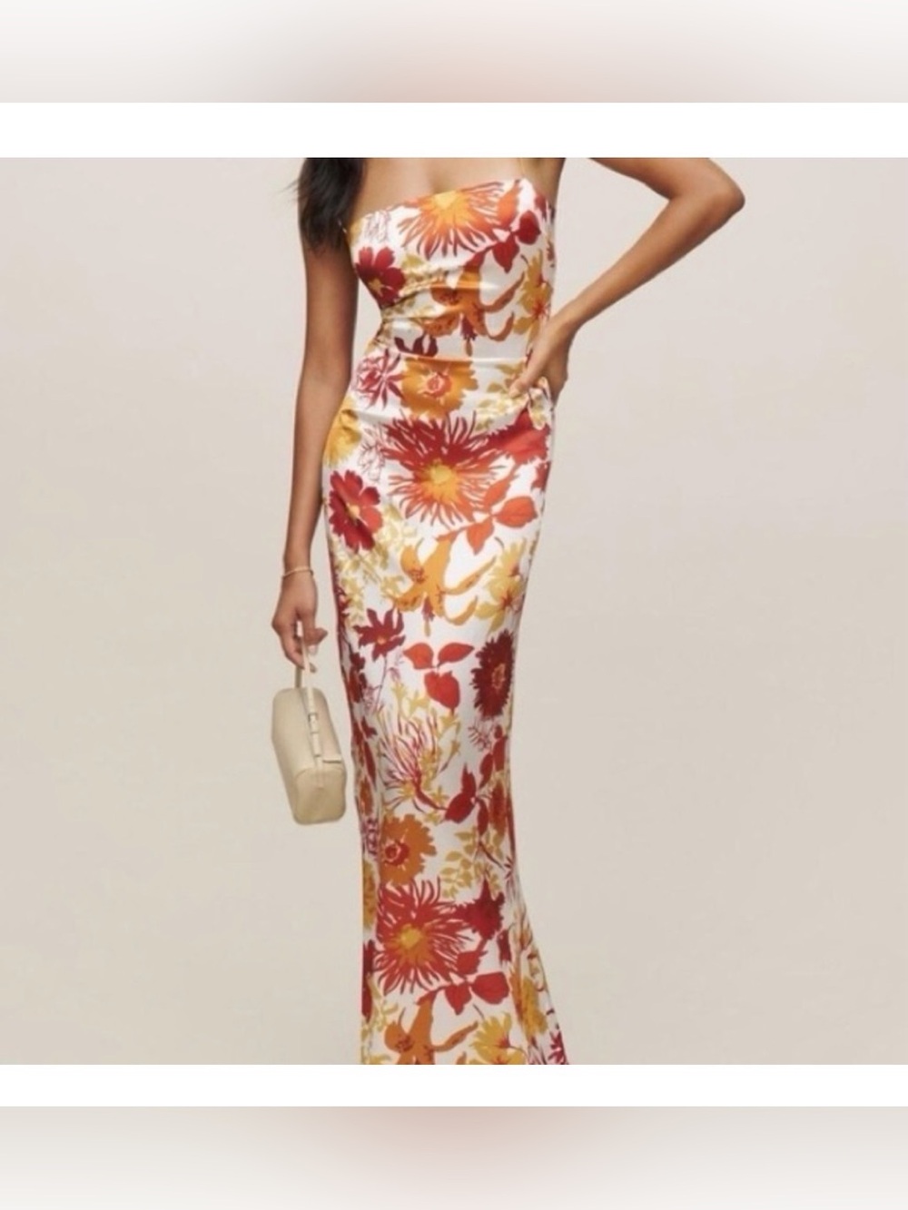Reformation Strapless Floral Maxi Dress in Red, Orange & Cream